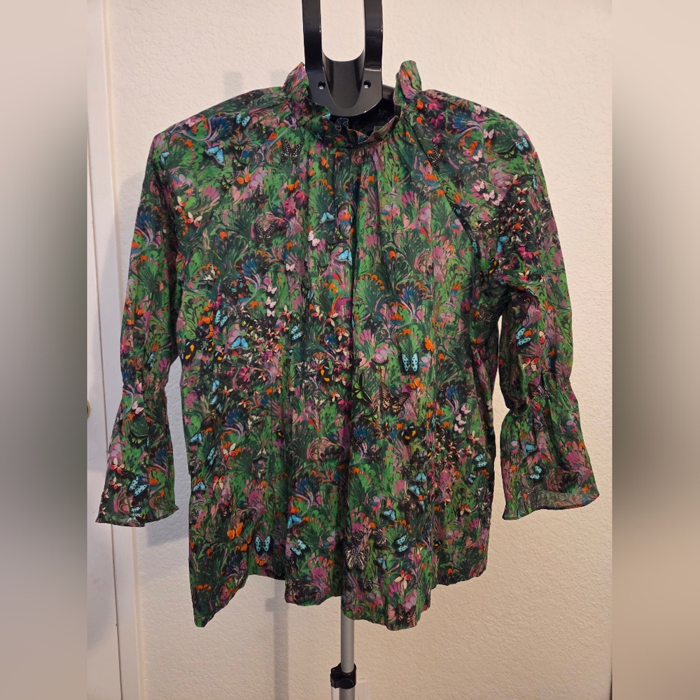Cynthia Rowley Butterfly Floral Blouse Size S | Ruffle Neck Cotton Statement Top